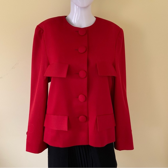 Bright red custom tailored classic chique blazer jacket collarless button-down L - Picture 1 of 13
